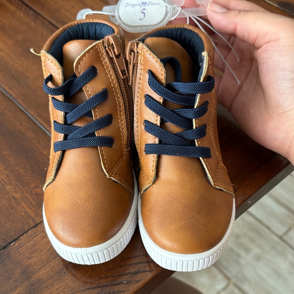 Kids Tan High-Top Boots with Navy Laces